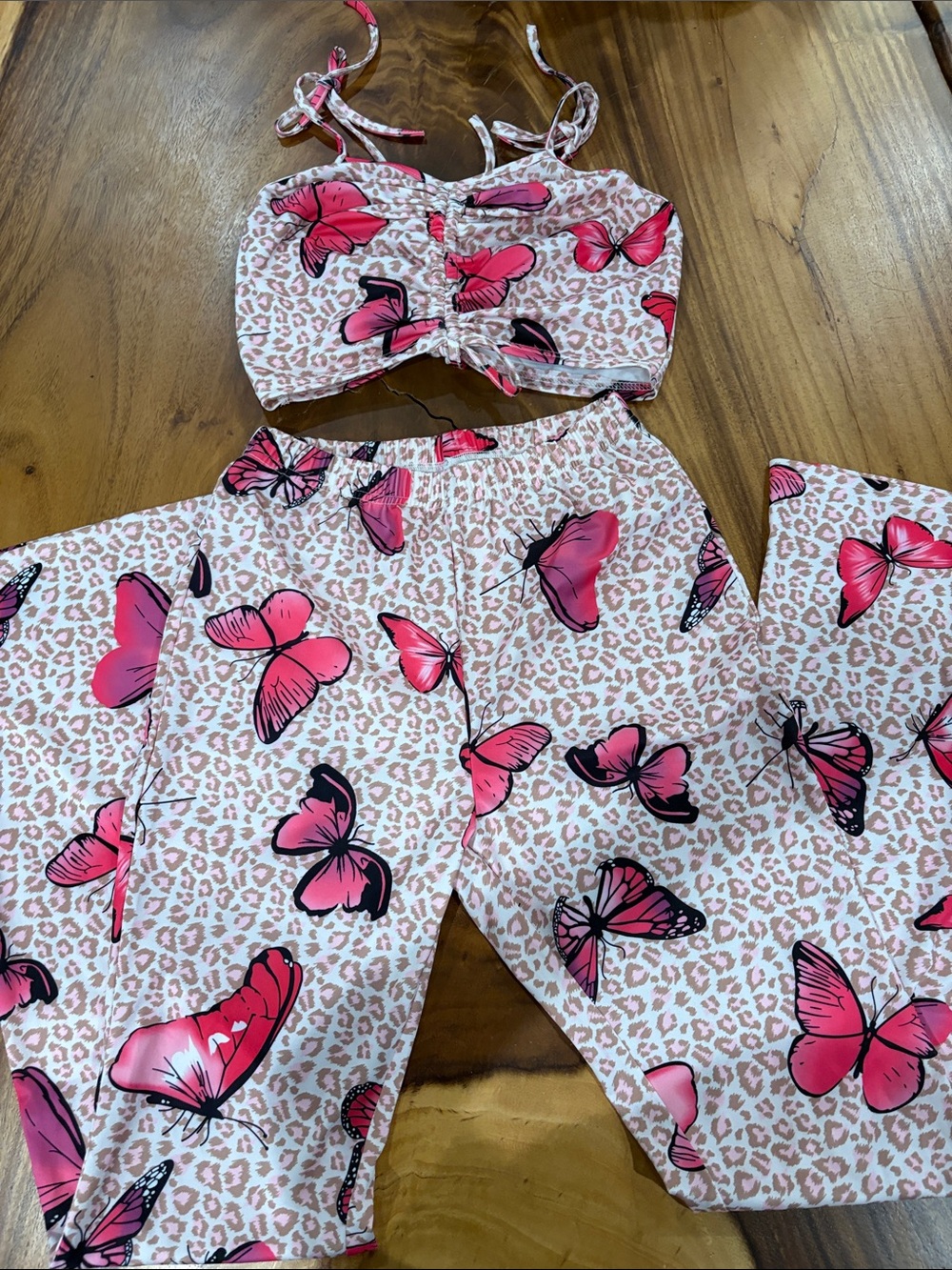 Party time concert Pink Butterfly Print Boot-Cut flare Pants & Crop Set